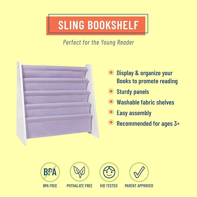 Wildkin Kids Canvas Sling Bookshelf for Boys and Girls, Wooden Design Features Four Fabric Shelves, Keep Bedrooms, Playrooms, and Classrooms Organized, an Ideal Kids Bookshelf (White w/Lilac) - LeafyLoom