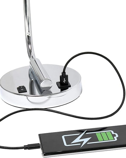 Simple Designs LD1066-CHR-LB Industrial Vintage Bronson Iron Lantern Desk Table Lamp with USB Port and Glass Cylinder Shade for Office, Living Room, Bedroom, Chrome, with Feit LED Bulb Included - LeafyLoom