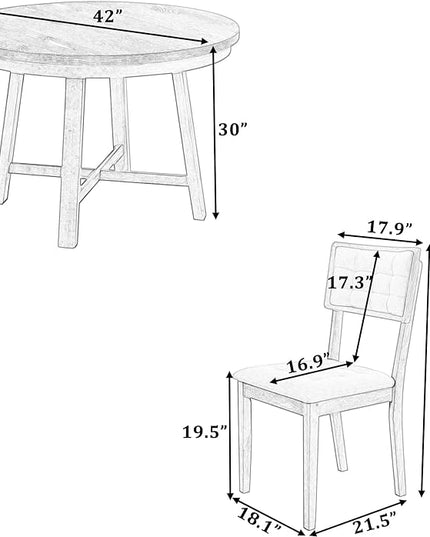 Rustic 42inch Round Dining Table Set for 4 with Cross Legs and Upholstered Chairs for Small Places, Espresso - LeafyLoom