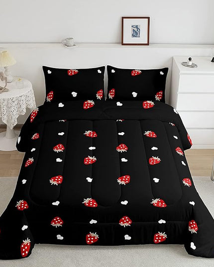 Kawaii Bedding Strawberry Comforter Set King Size Strawberry Decor Down Comforter Red Strawberry Bedding Set Cute Fruits Theme Sweet Strawberry Quilt Set Soft Reversible with 2 Pillowcases, Red Black - LeafyLoom