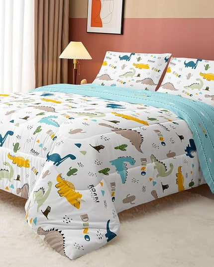 Datura home Dinosaur Comforter Set White Kawaii Dinosaur Printed Quilt Bedding Set with 1 Comforter and 2 Pillowcases for Boys and Girls Bedroom All Season(White Dinosaur Full) - LeafyLoom
