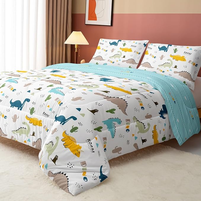 Datura home Dinosaur Comforter Set White Kawaii Dinosaur Printed Quilt Bedding Set with 1 Comforter and 2 Pillowcases for Boys and Girls Bedroom All Season(White Dinosaur Queen) - LeafyLoom