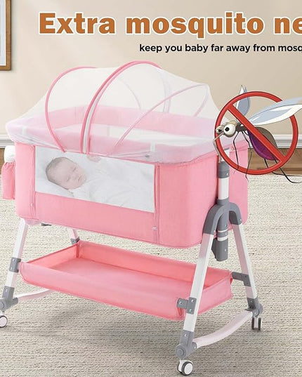 4 in 1 Baby Bassinet, Rocking Bassinets Bedside Sleeper with Comfy Mattress and Wheels, Height Adjustable Easy Folding Portable Bedside Crib for Newborn Infant,Pink - LeafyLoom