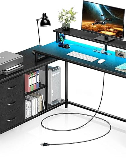 Seventable L Shaped Computer Desk with Drawers, Reversible Gaming Desk with LED Lights & Charging Port, Corner Desk with Storage Shelves & Monitor Stand for Home Office Black - LeafyLoom