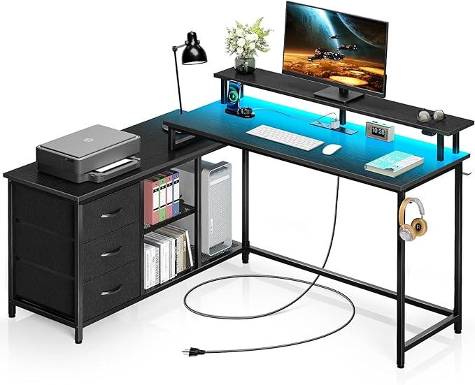 Seventable L Shaped Computer Desk with Drawers, Reversible Gaming Desk with LED Lights & Charging Port, Corner Desk with Storage Shelves & Monitor Stand for Home Office Black - LeafyLoom
