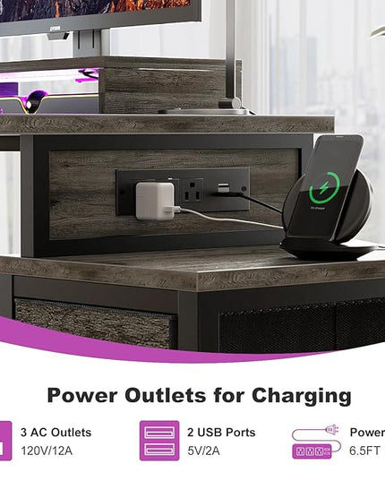 Small Gaming Desk with 2 Fabric Drawers - Reversible Computer Desk with Power Outlet & LED Lights, 49" Office Desk with Monitor Stand & Storage Shelves, Writing Study Table with Pegboard, Grey Oak - LeafyLoom
