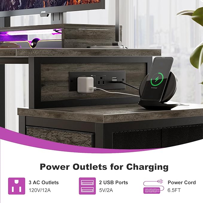 Small Gaming Desk with 2 Fabric Drawers - Reversible Computer Desk with Power Outlet & LED Lights, 49" Office Desk with Monitor Stand & Storage Shelves, Writing Study Table with Pegboard, Grey Oak - LeafyLoom