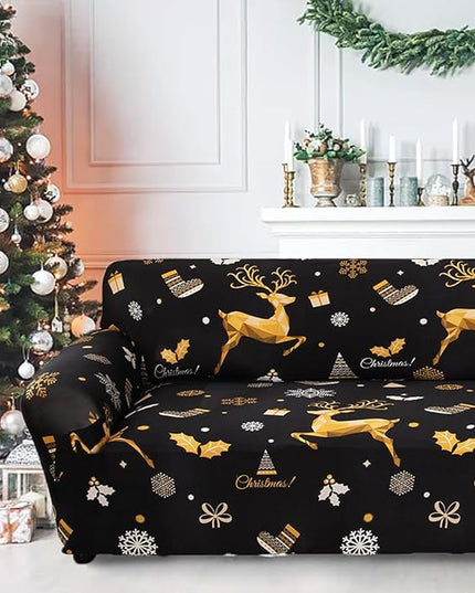 Mybedsoul Christmas Printed Black Sofa Cover Reindeer Printed Elastic Couch Cover Machine Washable Christmas Theme Red Sofa Slipcover for Living Room(2 Seater/Loveseat) Mybedsoul