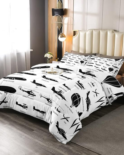 Erosebridal Airplane Comforter Set Queen,Black White Airplanes Bedding Set Space Rocket Aircraft Down Comforter for Boys Kids Teens Room Decor,Helicopter Biplane Quilt Duvet Sets with 2 Pillow Cases - LeafyLoom