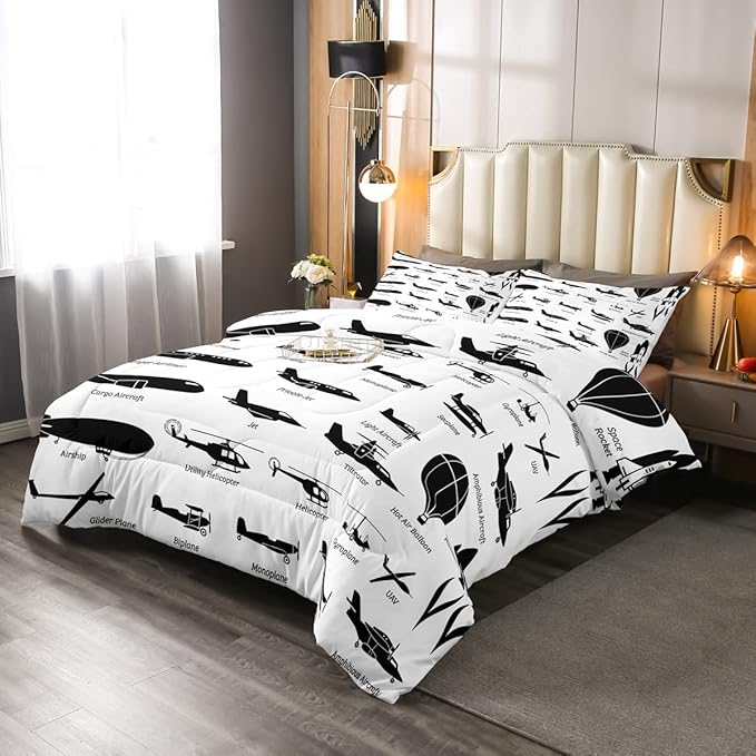 Erosebridal Airplane Comforter Set Full,Black White Airplanes Bedding Set Space Rocket Aircraft Down Comforter for Boys Kids Teens Room Decor,Helicopter Biplane Quilt Duvet Sets with 2 Pillow Cases - LeafyLoom