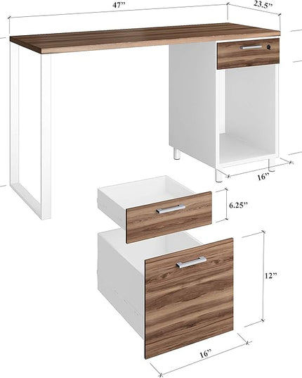 Milano Home Office Desk - 47Inch Cass Walnut/Black Home Office Desk with Drawers - Modern Computer Desk with Storage, Detachable & Lockable Computer Cabinet - Wooden Office, Study, and Writing Table - LeafyLoom