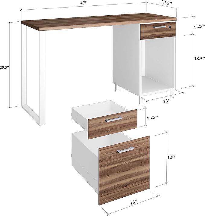 Milano Home Office Desk - 47Inch Space Grey/Black Home Office Desk with Drawers - Modern Computer Desk with Storage, Detachable & Lockable Computer Cabinet - Wooden Office, Study, and Writing Table - LeafyLoom