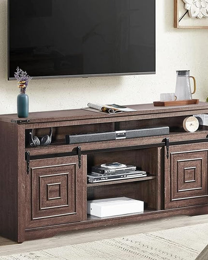 Zanzio 66" Farmhouse TV Stand for up to 75 inch TVs, Rustic Entertainment Center Media Console Table with Sliding Barn Doors Living Room Bedroom Wooden TV Cabinet (Rustic Brown) - LeafyLoom