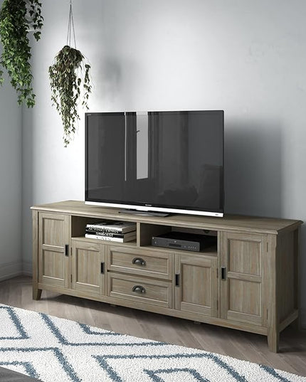 SIMPLIHOME Burlington SOLID WOOD Universal TV Media Stand, 72 inch Wide, Transitional, Living Room Entertainment Center with Storage, for Flat Screen TVs up to 80 inches in Distressed Grey - LeafyLoom