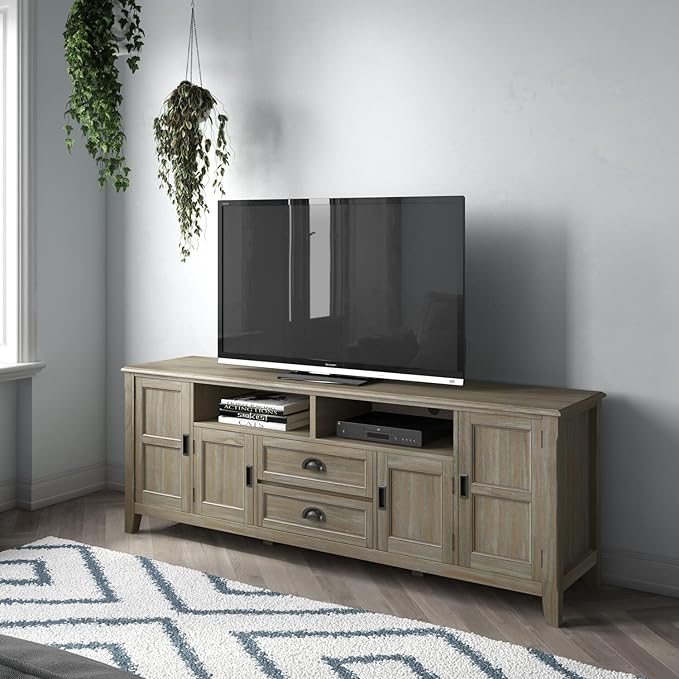 SIMPLIHOME Burlington SOLID WOOD Universal TV Media Stand, 72 inch Wide, Transitional, Living Room Entertainment Center with Storage, for Flat Screen TVs up to 80 inches in Distressed Grey - LeafyLoom