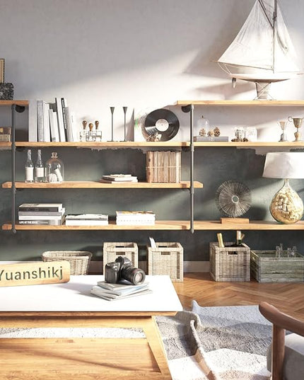 Yuanshikj 2Pc (42" Tall,12" deep) Industrial Wall Mount Iron Pipe Shelf Shelves Shelving Bracket Black Bookshelf DIY Storage offcie Room Kitchen (2 Pcs 4Tier Hardware Only) - LeafyLoom