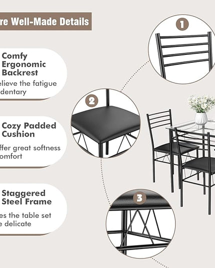 Tangkula 5 Pieces Dining Set 4 Person Home Kitchen Glass Top Table and Chairs Breakfast Furniture, 43.5 x 27.5 x 30 inches,16 x 17 x 34 inches, Black - LeafyLoom