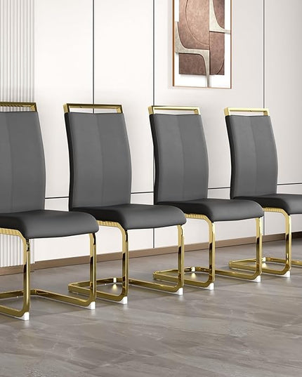 Modern Dining Chairs Set of 4,High Back Grey Kitchen Chairs,Faux Leather Side Chair with Gold Plated Metal Legs,Easy to Clean Upholstered Dining Chairs,Ideal for Living Room(Gold Leg) - LeafyLoom