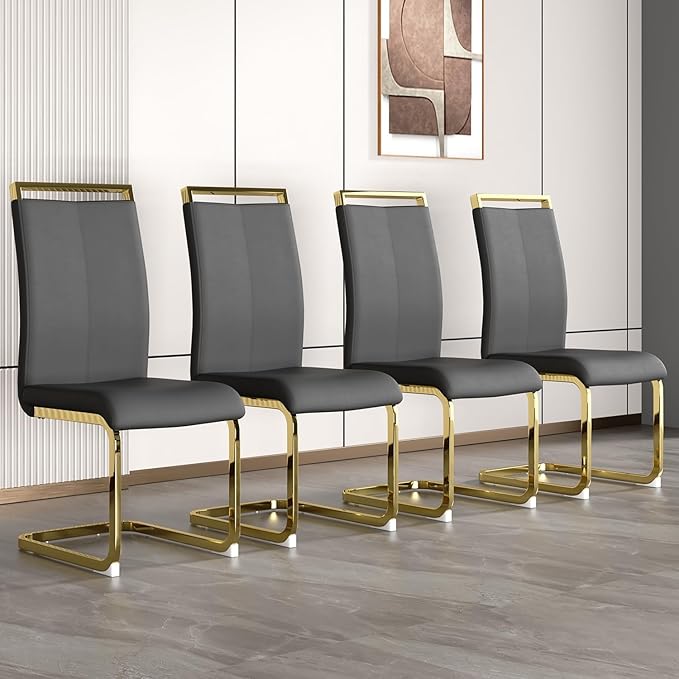 Modern Dining Chairs Set of 4,High Back Grey Kitchen Chairs,Faux Leather Side Chair with Gold Plated Metal Legs,Easy to Clean Upholstered Dining Chairs,Ideal for Living Room(Gold Leg) - LeafyLoom
