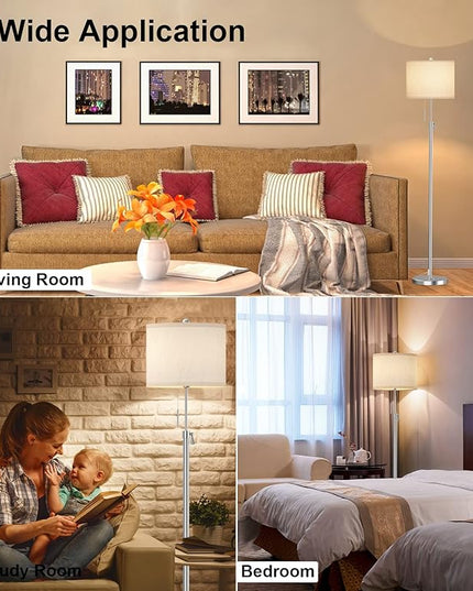 Brushed Nickel Floor Lamp for Living Room, Adjustable Height Standing Lamp with Metal Base, 3-Way Dimmable Tall Pole Light with White Linen Shade for Bedroom, Pull Chain Switch, 6W LED Bulb Included - LeafyLoom
