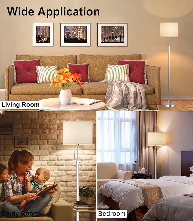 Brushed Nickel Floor Lamp for Living Room, Adjustable Height Standing Lamp with Metal Base, 3-Way Dimmable Tall Pole Light with White Linen Shade for Bedroom, Pull Chain Switch, 6W LED Bulb Included - LeafyLoom