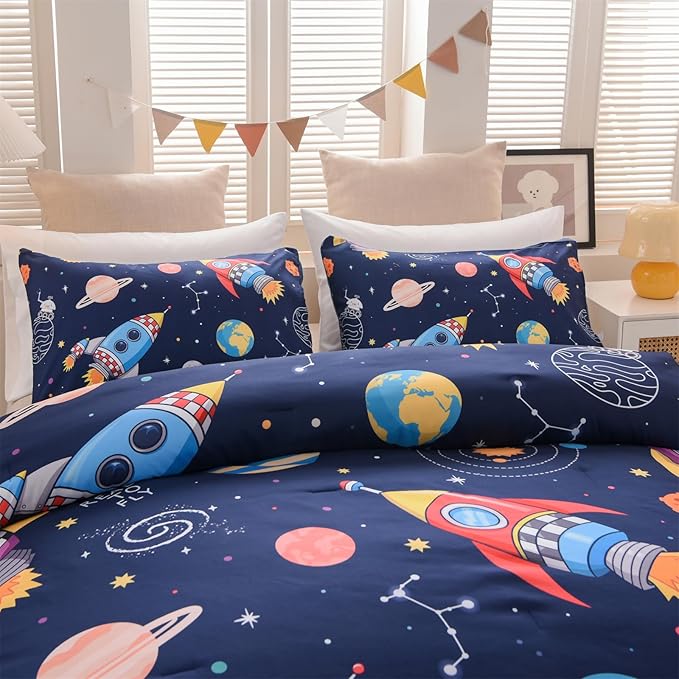 Aimuan Twin Comforter Set Kids Space Rocket Bedding Set Super Soft & Cute Aliens UFO Printed for Teen Boys Girls (Navy, Twin) - LeafyLoom