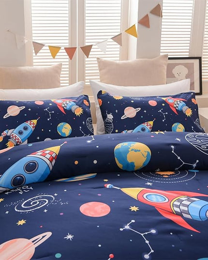 Aimuan Space Bedding Set Kid Rocket Comforter Set Full Size Super Soft & Cute Aliens UFO Printed Quilt Set for Teen Boys Girls (Navy, Full) - LeafyLoom
