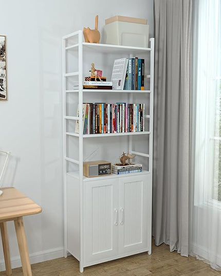 White Bookshelf with Doors,70" Tall Bookcase with Storage Cabinet,6 Tier Book Shelf for Living Room/Bedroom/Home Office/Kitchen,70"(H)*26"(L)*11.8"(W) - LeafyLoom