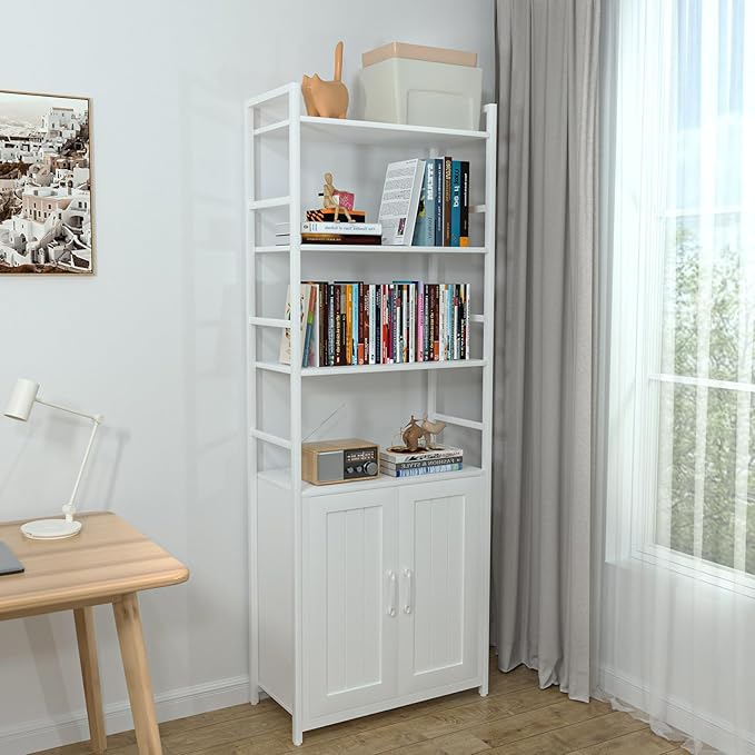White Bookshelf with Doors,70" Tall Bookcase with Storage Cabinet,6 Tier Book Shelf for Living Room/Bedroom/Home Office/Kitchen,70"(H)*26"(L)*11.8"(W) - LeafyLoom
