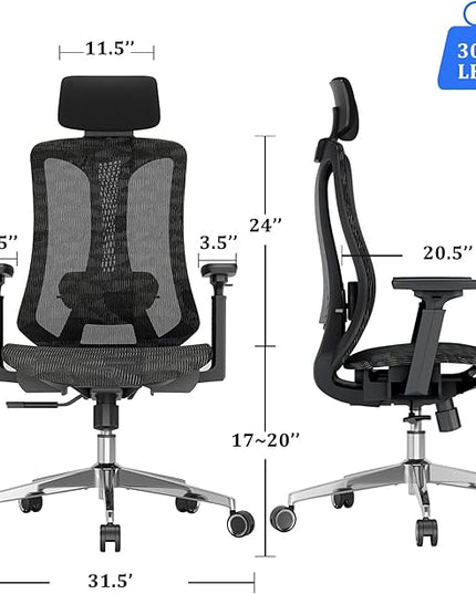 Ergonomic mesh Office Chair, Computer Desk Chair with 3D Armrests, Adjustable Lumbar Cushion & 2D Headrest, Black High Back office chair with Tilt Function, Mesh Backrest & Seat - LeafyLoom