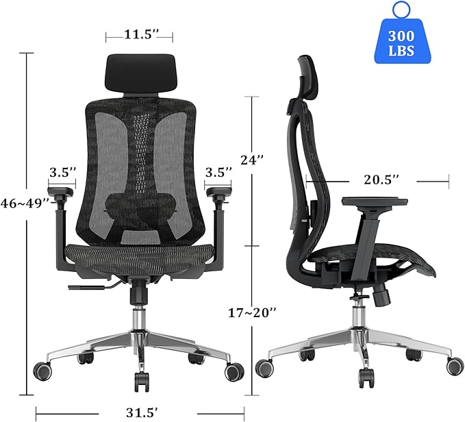 Ergonomic mesh Office Chair, Computer Desk Chair with 3D Armrests, Adjustable Lumbar Cushion & 2D Headrest, Black High Back office chair with Tilt Function, Mesh Backrest & Seat - LeafyLoom
