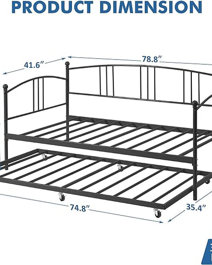 IDEALHOUSE Twin Daybed with Trundle, Metal Twin Size Daybed with Pullout Trundle 6 Casters, Steel Slat Support Sofa Bed for Living Room, Bedroom, Guest Room, No Box Spring Needed (Black) - LeafyLoom