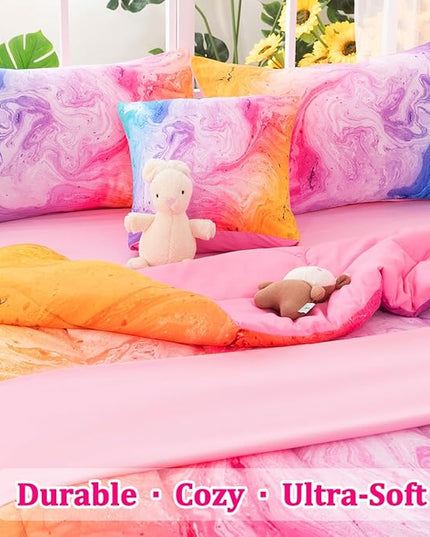 Girls Twin Bedding Sets, 6 Pcs Pink Twin Szie Comforter Set with Sheets, Watercolor Marble Abstract Art Superior Bedding Set for Girls Kids - LeafyLoom