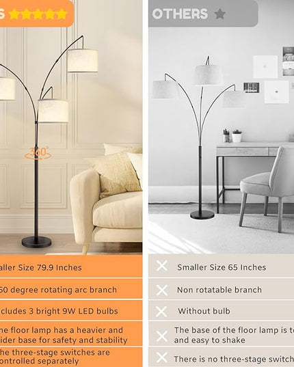 Arc Floor Lamps for Living Room,Modern Mid Century Tall Standing Floor Lamp with Heavy Base for Bedroom Office,3-Light Floor Lamp with Adjustable Hanging and 3 LED Bulbs (Black+Beige Shade) - LeafyLoom