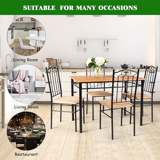LUARANE 5-Piece Dining Table Set, Rectangular Dining Table with 4 Cushioned Chairs, Modern Wooden Breakfast Table Set for Small Spaces, Apartment, Dinette, Breakfast Nook, Black + Natural - LeafyLoom