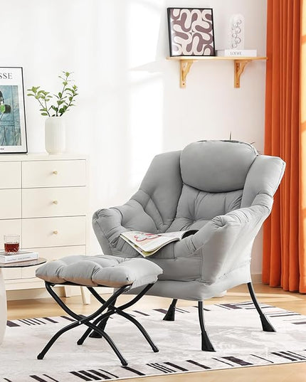 Cozy Lazy Chair and Ottoman, Large Contemporary Accent Lounge Chair Set, Leisure Upholstered Reading Armchair for Bedroom, Living Room, Dorm Rooms, Office - LeafyLoom