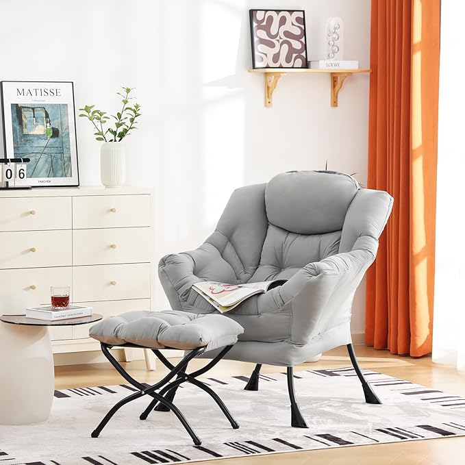 Cozy Lazy Chair and Ottoman, Large Contemporary Accent Lounge Chair Set, Leisure Upholstered Reading Armchair for Bedroom, Living Room, Dorm Rooms, Office - LeafyLoom