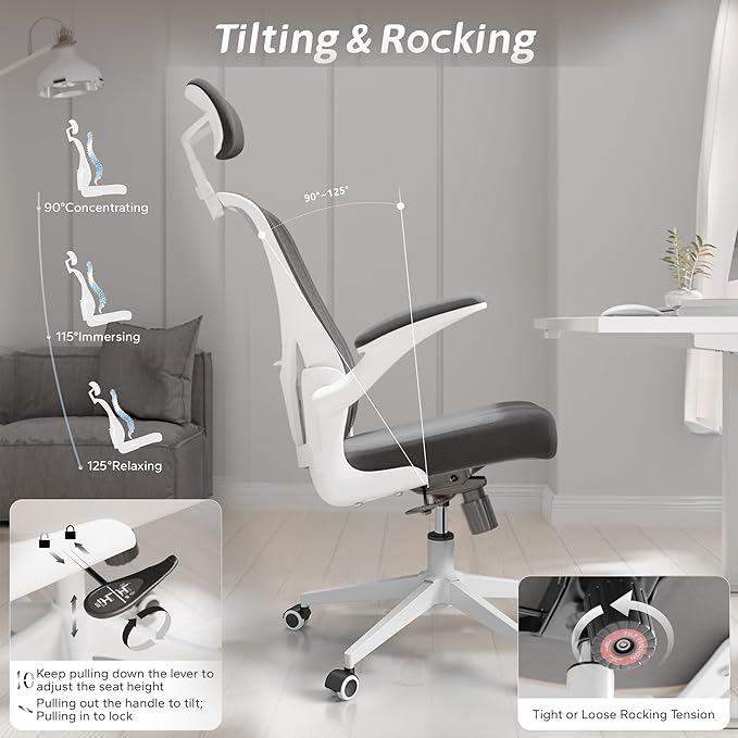 Home Desk Chair Ergonomic Chair with Headrest Study Chair Computer Chair Desk Chair Adjustable Headrest Lumbar Support Office Chair Heavy Duty Office Chair (B+W office chair) - LeafyLoom