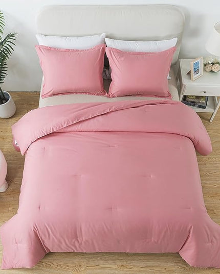 Pink Comforter Set Twin Size, Solid Blush Women Girls Pink Down Alternative Boho Bedding Comforter Set, Breathable Fluffy Microfiber Comforter (68"x90") for All Seasons with Pillowcase - LeafyLoom
