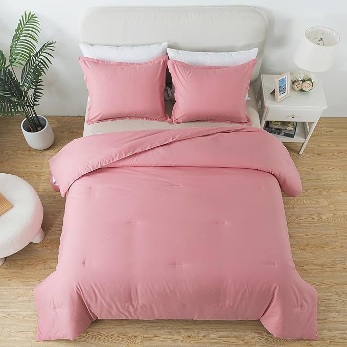 Pink Comforter Set Twin Size, Solid Blush Women Girls Pink Down Alternative Boho Bedding Comforter Set, Breathable Fluffy Microfiber Comforter (68"x90") for All Seasons with Pillowcase - LeafyLoom