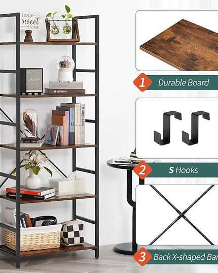 Yoobure 5 Tier Bookshelf - Tall Book Shelf Modern Bookcase for CDs/Movies/Books, Rustic Book Case Industrial Bookshelves Book Storage Organizer for Bedroom Home Office Living Room Rustic Brown - LeafyLoom