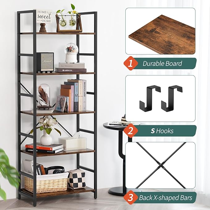 Yoobure 5 Tier Bookshelf - Tall Book Shelf Modern Bookcase for CDs/Movies/Books, Rustic Book Case Industrial Bookshelves Book Storage Organizer for Bedroom Home Office Living Room Rustic Brown - LeafyLoom