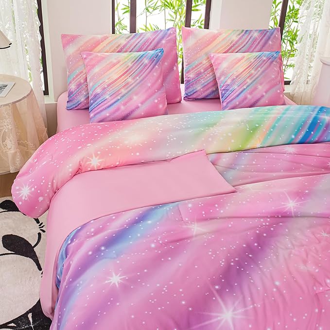 Twin Comforter Set for Girls Galaxy Bedding 7pieces, Ombre Bedding Comforter Sets Rainbow Comforter Glitter Bedding Twin Teen Comforter Sets for Girls - LeafyLoom
