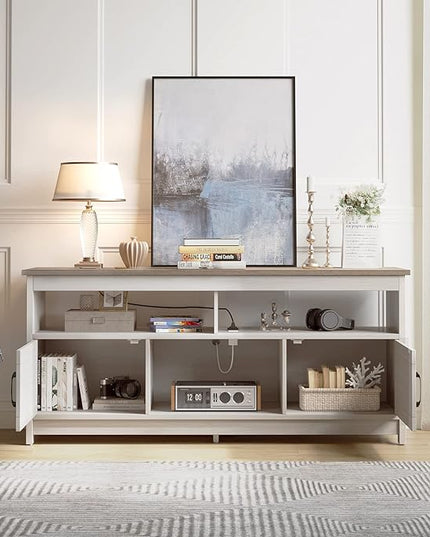 YITAHOME TV Stand for 65 Inch TV with Power Outlet, Farmhouse TV Media Console Table with Storage Cabinets and Open Shelf, Mid Century Modern Entertainment Center for Living Room, Grey White/Grey Wash - LeafyLoom