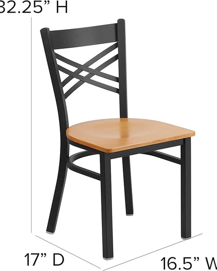 Flash Furniture HERCULES Series Black ''X'' Back Metal Restaurant Chair - Natural Wood Seat - LeafyLoom