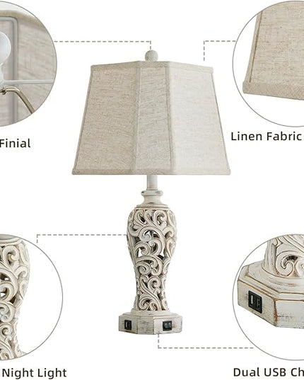Set of 2 Rustic Table Lamps for Living Room Bedroom, Farmhouse Vintage Nightstand Lamp with 2 USB Ports, Hollow Out Resin Lamp for End Table with Nightlight, Bulbs Included (Wash White) - LeafyLoom