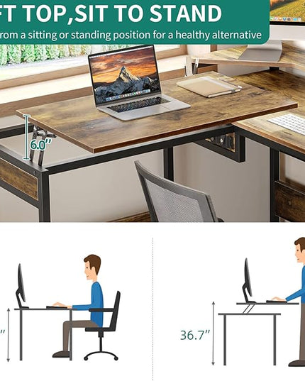 YITAHOME L Shaped Desk with Lift Top, 65" Adjustable Standing Desk with File Drawer, Corner Computer Desk with Storage Shelves,Home Office Desk, Rustic Brown - LeafyLoom