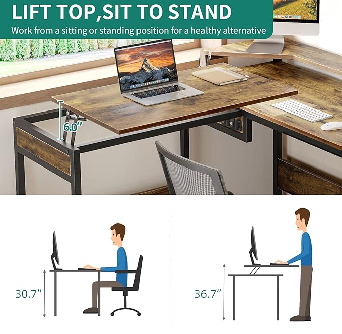 YITAHOME L Shaped Desk with Lift Top, 65" Adjustable Standing Desk with File Drawer, Corner Computer Desk with Storage Shelves,Home Office Desk, Rustic Brown - LeafyLoom
