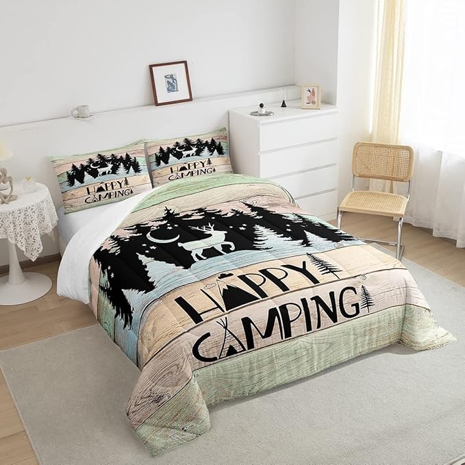 Kids Happy Camping Comforter Set King,Cute Deer Camper Bedding Set Rustic Farmhouse Woodland Animal Comforter for Boys Girls Old Barn Door Quilted Duvet Star Moon Pine Tree Decor 3 Pcs Black Green - LeafyLoom
