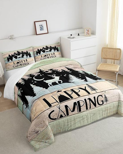 Kids Happy Camping Comforter Set Twin,Cute Deer Camper Bedding Set Rustic Farmhouse Woodland Animal Comforter For Boys Girls Old Barn Door Quilted Duvet Star Moon Pine Tree Decor 2 Pcs Black Green - LeafyLoom
